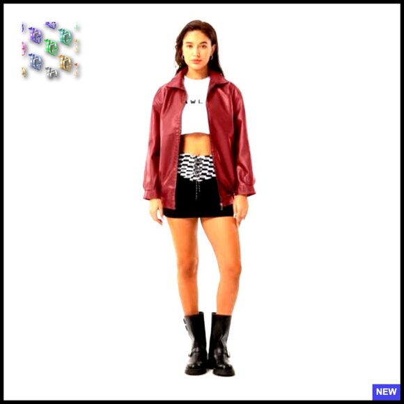 Oversized Faux Leather Bomber Jacket Y2K Chic Boyfriend Style Zip Up Moto - Picture 5 of 7